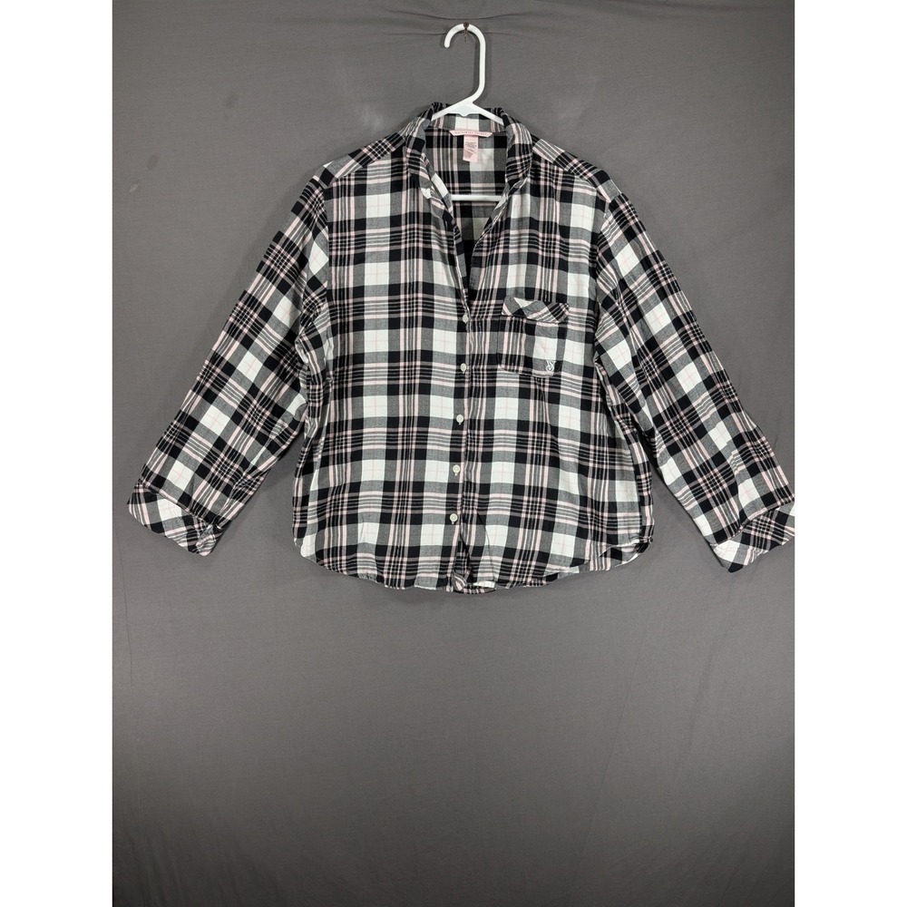 Victoria‎ Secret Pajama Top Womens Medium Black Pink Plaid Button Up Flannel